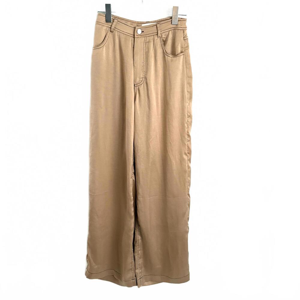 Beige Botany | Women’s Gold Tan Wide Leg Trouser Pants Black Stitching Size S